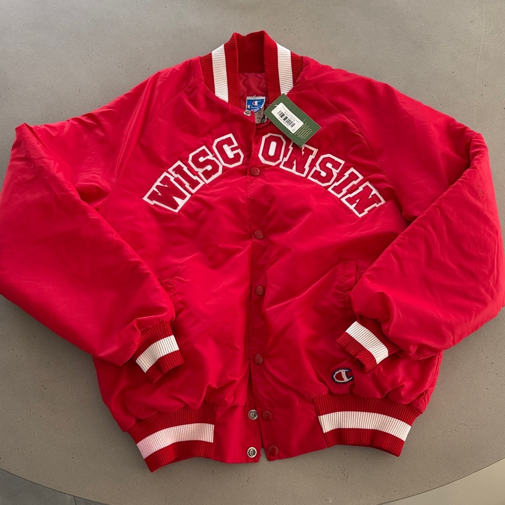 Champion Red university of Wisconsin Bomber Jacket with White Trim “vintage”